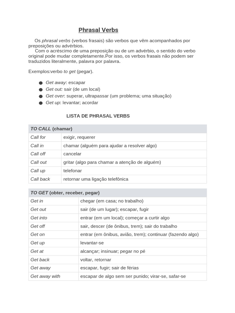 Phrasal Verbs em Inglês: Guia Completo | PDF