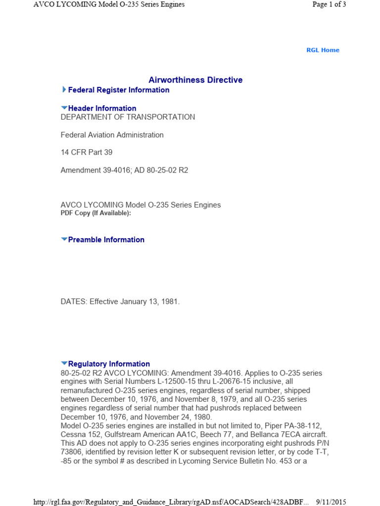 AD 80-25-02 R2 for O-235 Engines | PDF | Aviation