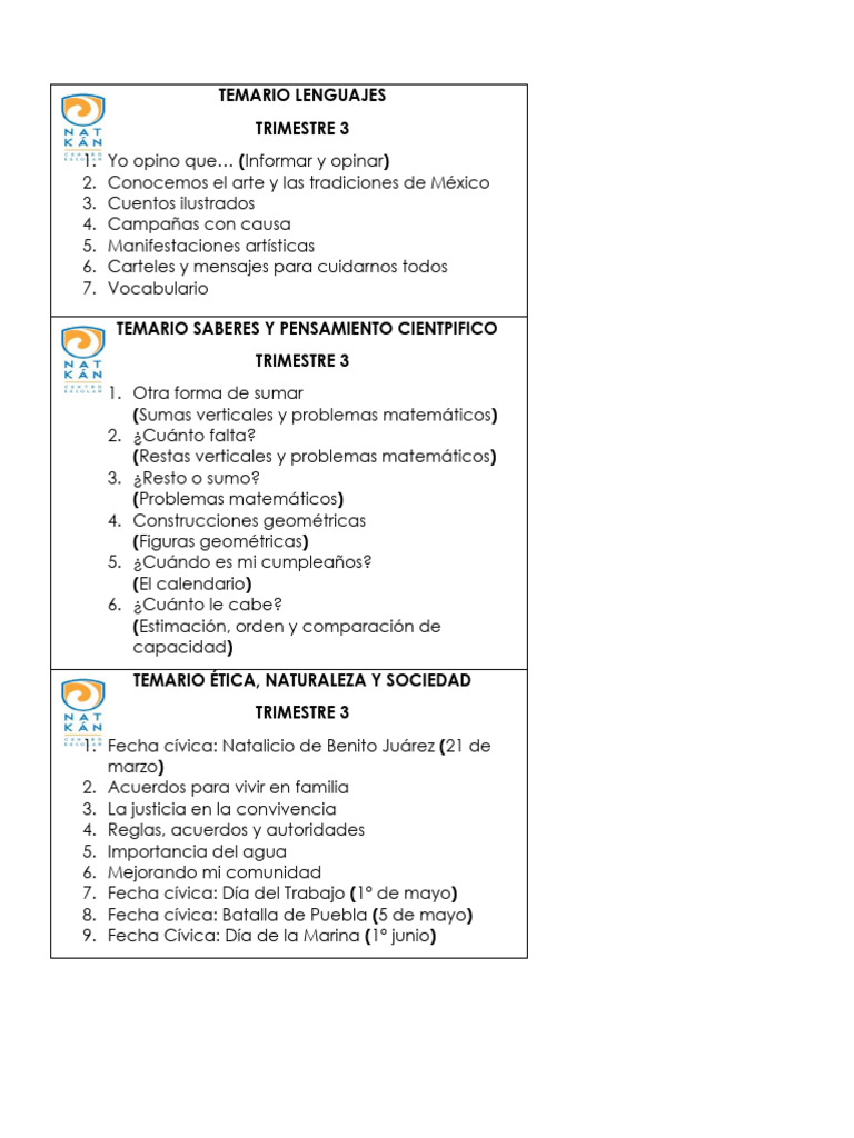 Temario Educativo Trim. 3: Lenguaje y Matemáticas | PDF