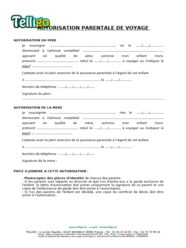 Autorisation parentale de voyage enfant | PDF | Télécommunications