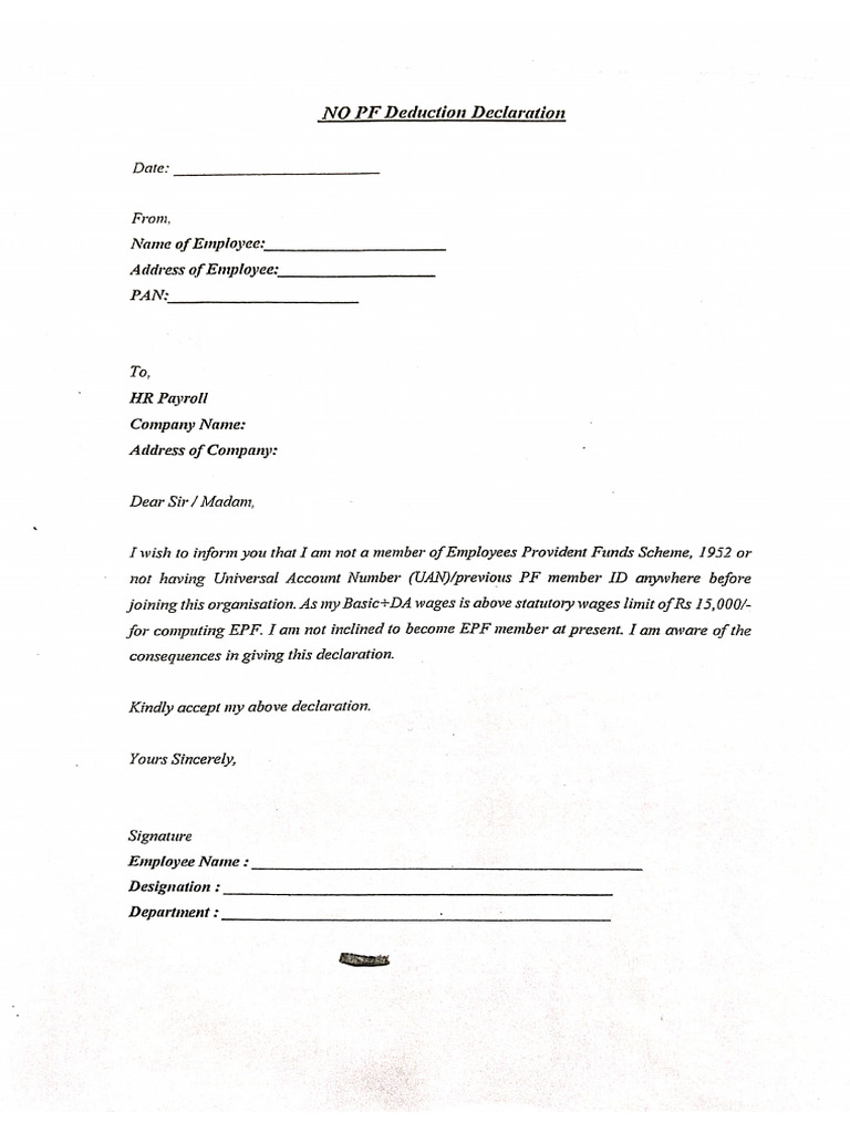 No PF Deduction Declaration | PDF