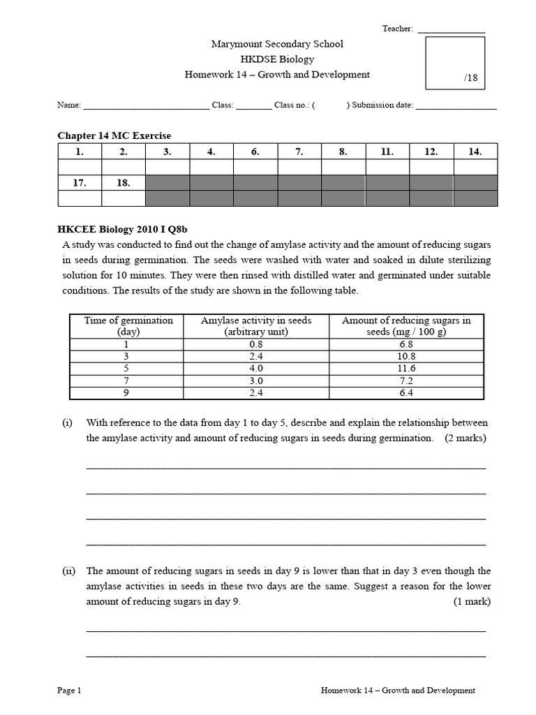Hidse Biology Homework 14 - Growth and Development | PDF | Seed | Foods