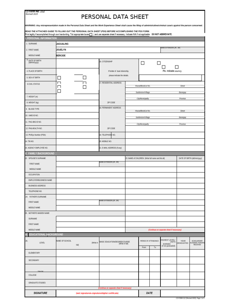 Personal Data Sheet Template 2025 | PDF | Government And Personhood ...