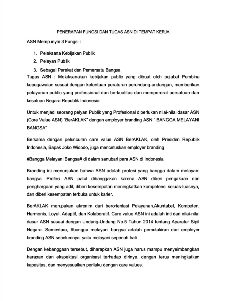 PDF Penerapan Fungsi Dan Tugas Asn Di Tempat Kerja Compress | PDF
