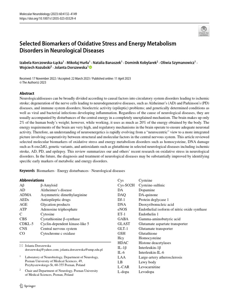 Biomarkers of Energy Disorders in Neurology | PDF | Reactive Oxygen ...
