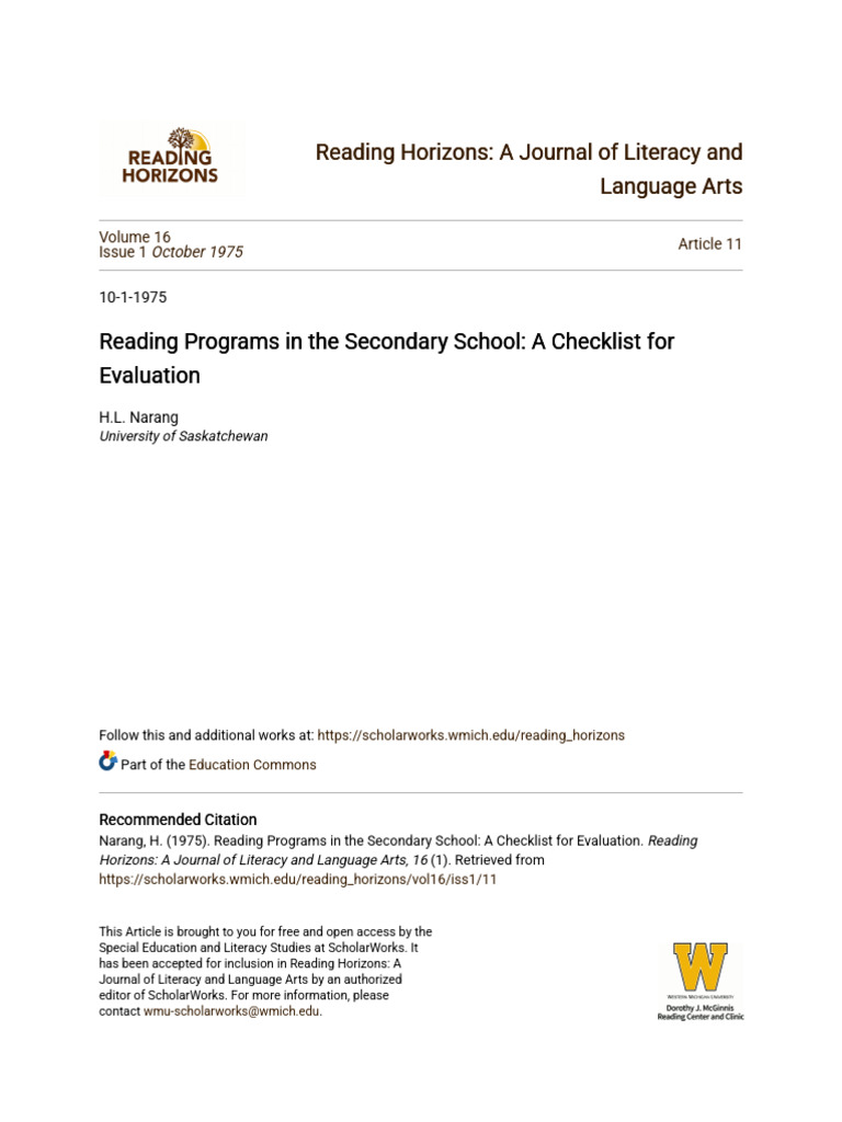 Reading Programs in The Secondary School - A Checklist For Evaluat ...