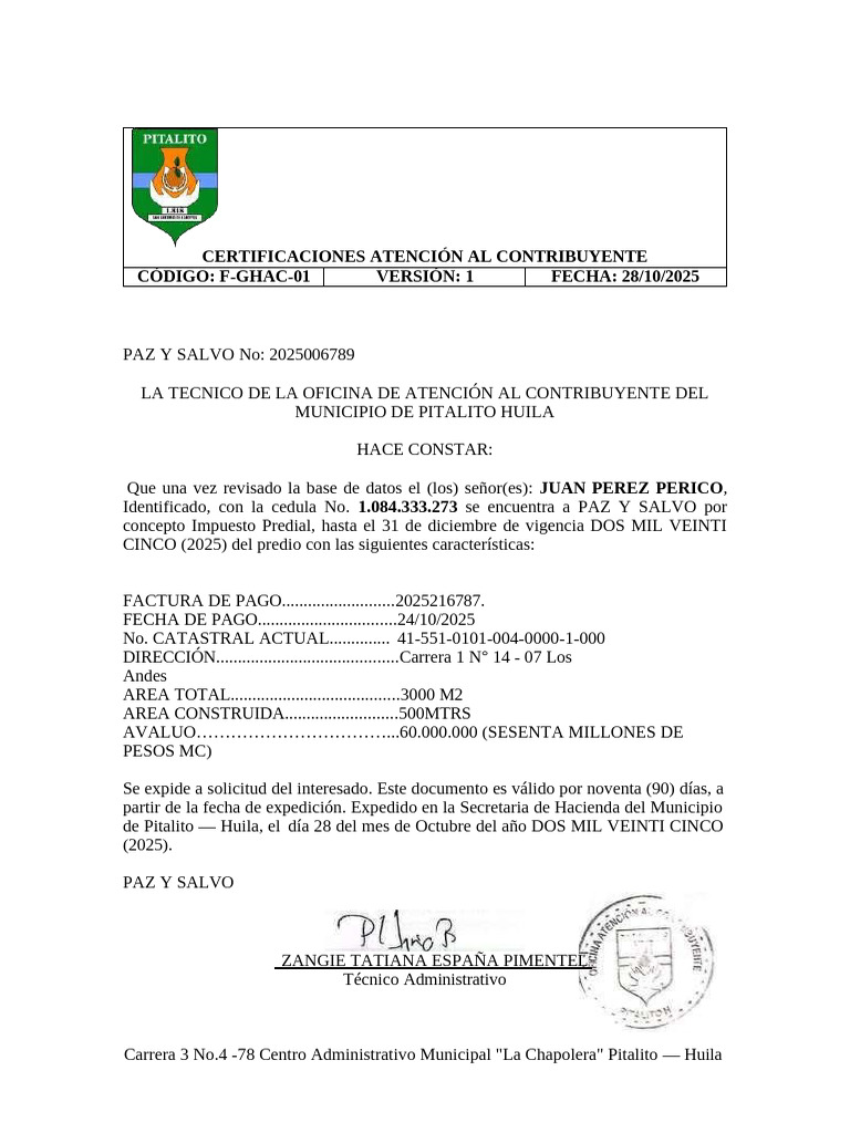 Certificación Paz y Salvo Pitalito 2025 | PDF