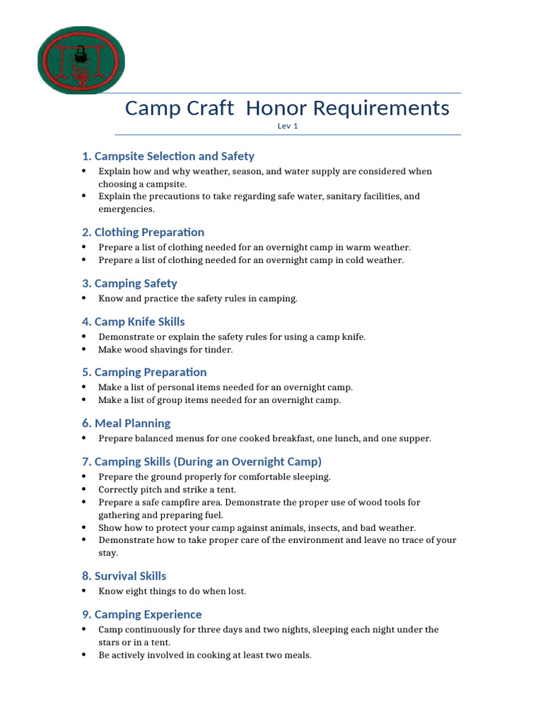 Camp Craft Honor Requirements English | PDF