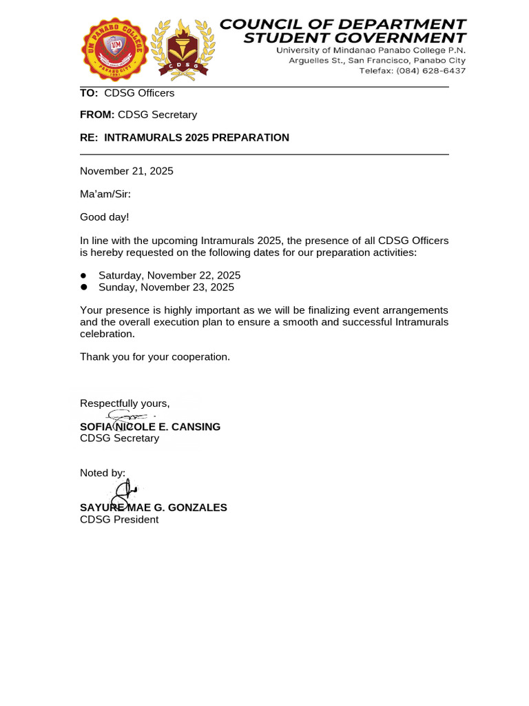Intrams Preparation Memo - Nove 7, 2025 | PDF