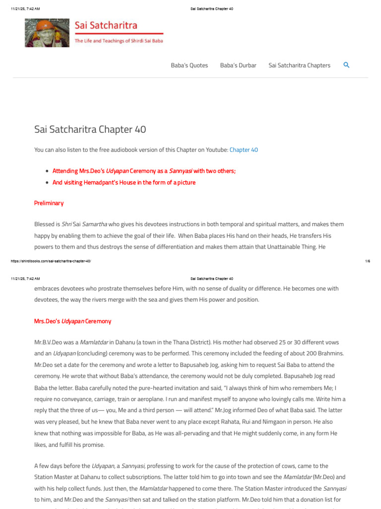 Sai Satcharitra Chapter 40 Summary | PDF | Meal
