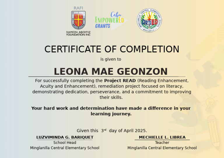 Project READ Completion Certificate | PDF
