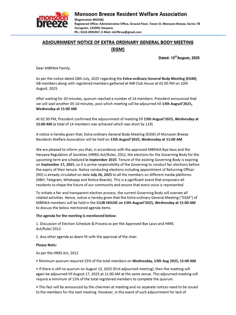 Monsoon Breeze EGM Adjournment Notice | PDF | Political Law | Government