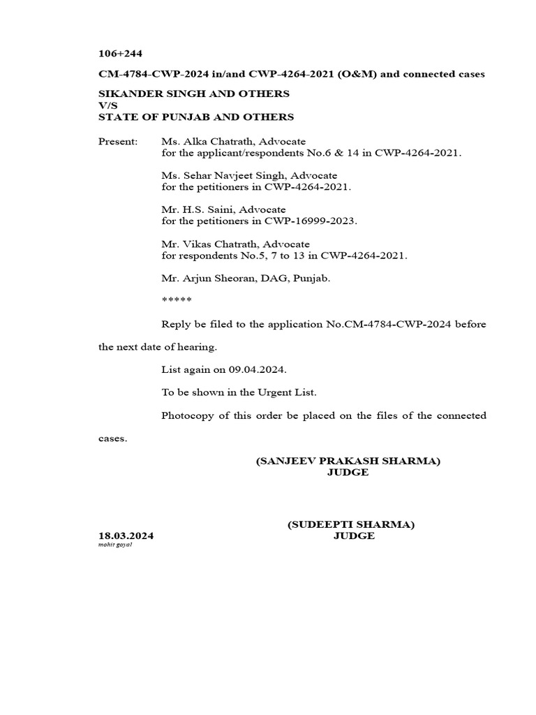 Punjab High Court Case Update 2024 | PDF