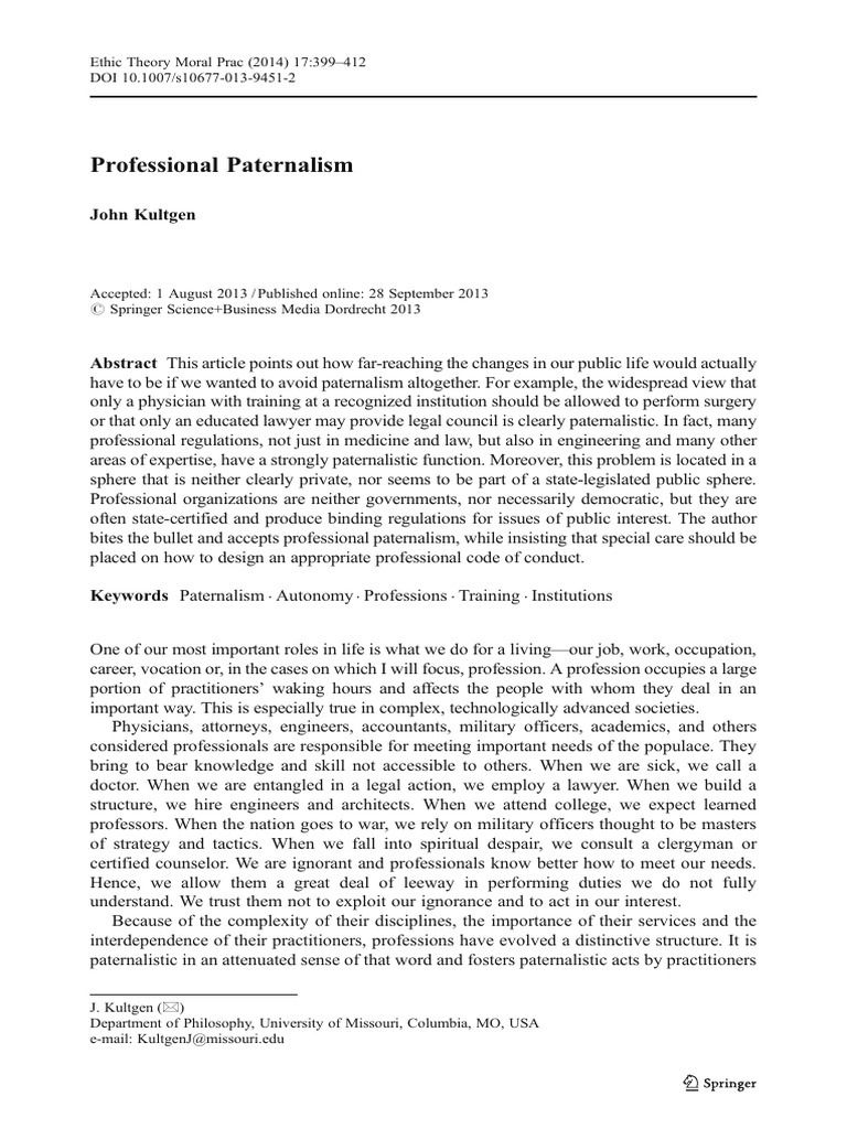 12b Kultgen, Professional Paternalism | PDF | Physician | Profession