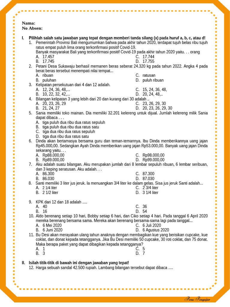 Soal Matematika Kelas 5 dan Kunci Jawaban | PDF