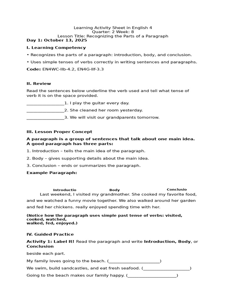 Parts of a Paragraph Lesson Plan | PDF | Verb | Linguistic Typology