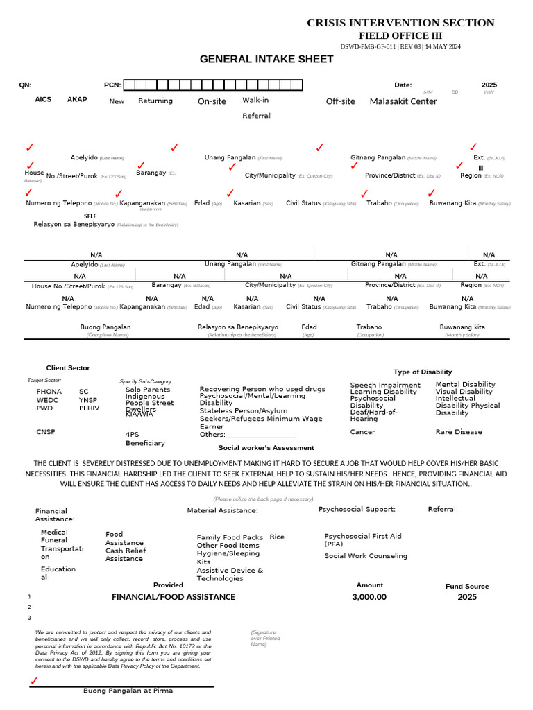 DSWD Crisis Intervention Intake Form | PDF | Disability | Social Policy