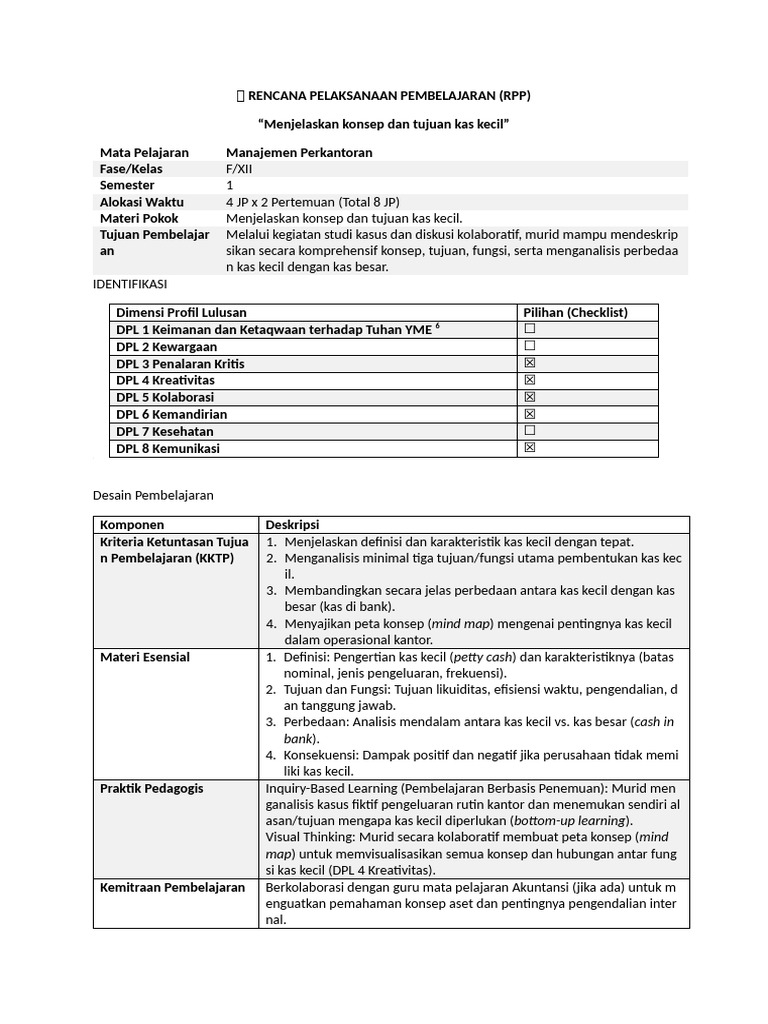 RPP - 1 - Konseo Dan Tujuan Kas Kecil | PDF