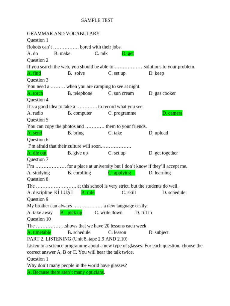 Grammar and Vocabulary Test Sample | PDF | Glasses