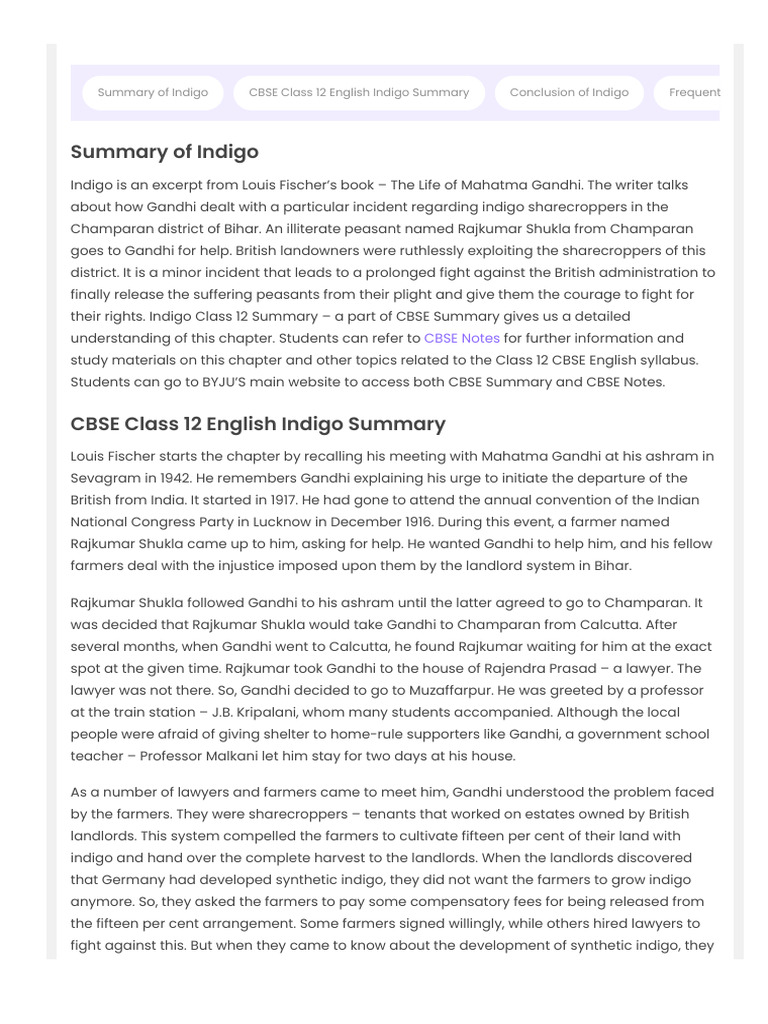 Byjus Com Cbse Notes Class 12 English Indigo Summary ... | PDF ...