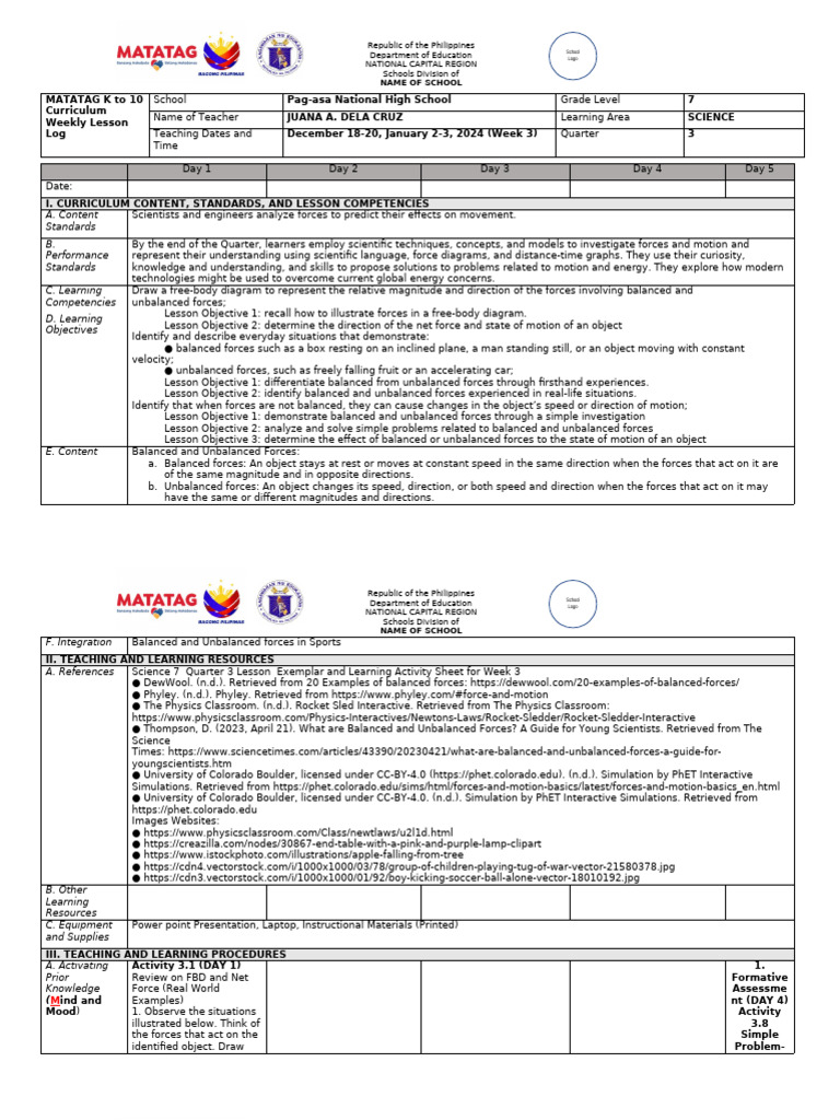 DLL - G7science - Q3 - Week 3 | PDF | Force | Learning
