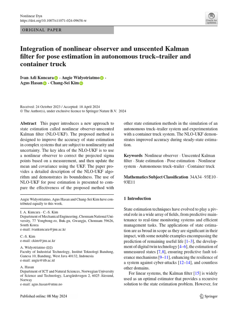 NLO-UKF for Autonomous Vehicle Pose Estimation | PDF | Kalman Filter ...