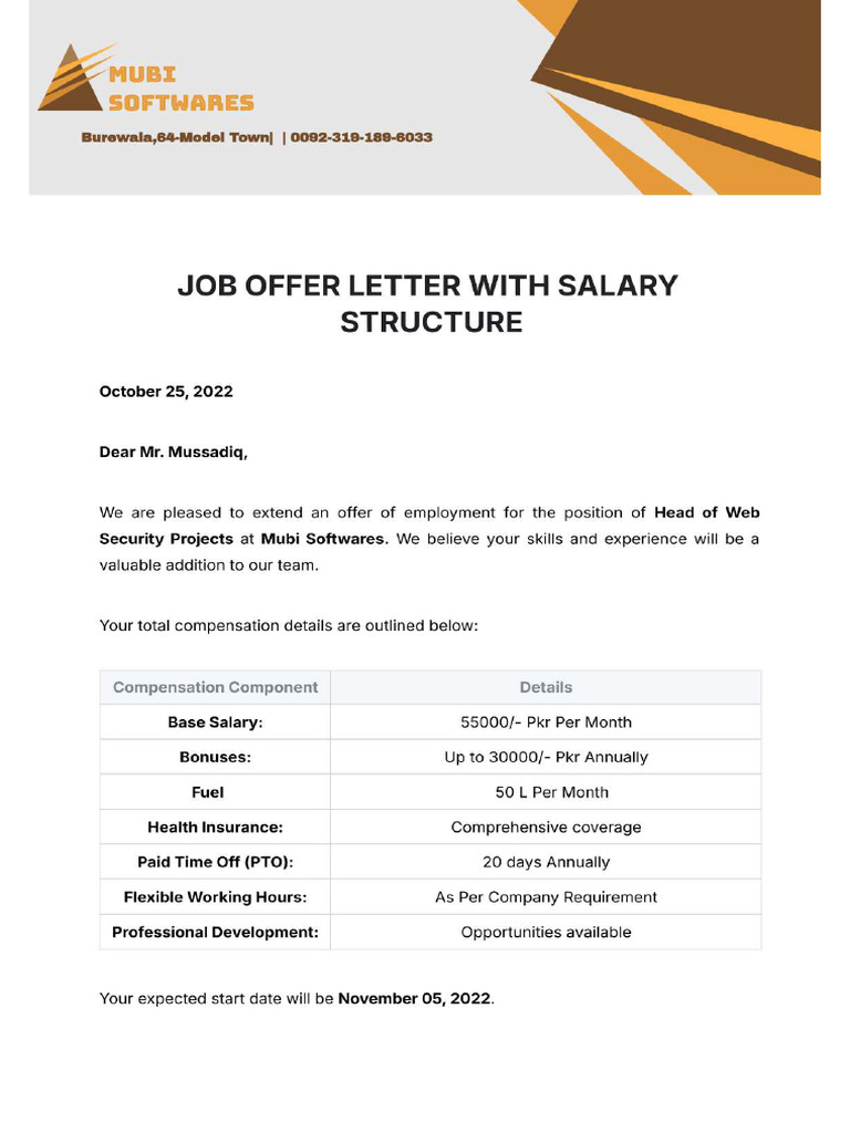 Job Offer Letter With Salary Structure Template (1) - Page-0001 | PDF