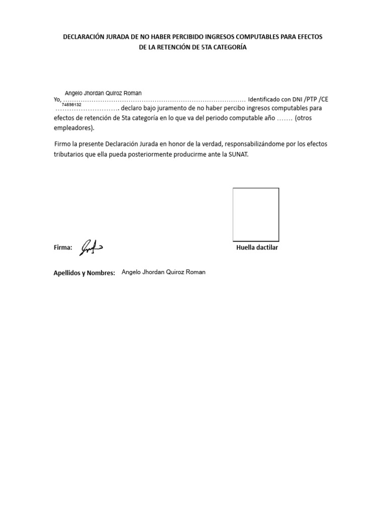 Declaración Jurada de No Ingresos 5ta Categoría | PDF