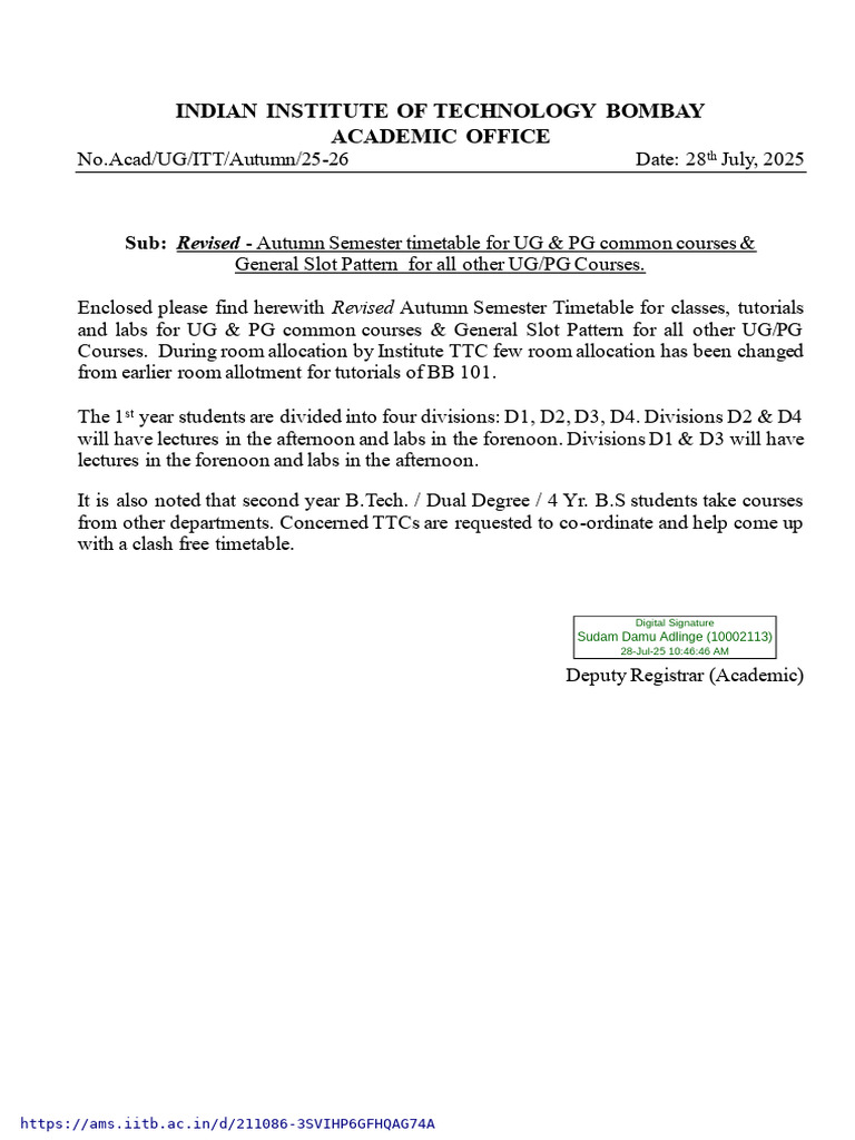IIT Bombay Autumn Semester Timetable 2025-26 | PDF | Physical Sciences ...