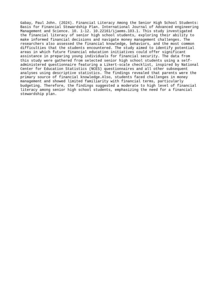 Financial Literacy in Senior High Students | PDF