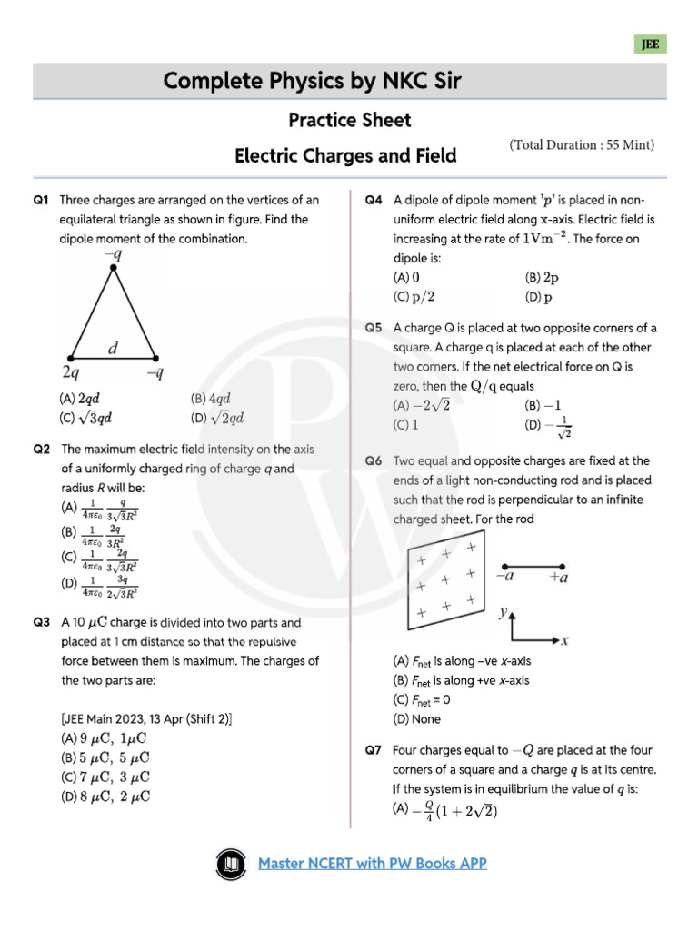 Electric Charges and Field Practice Sheet | PDF
