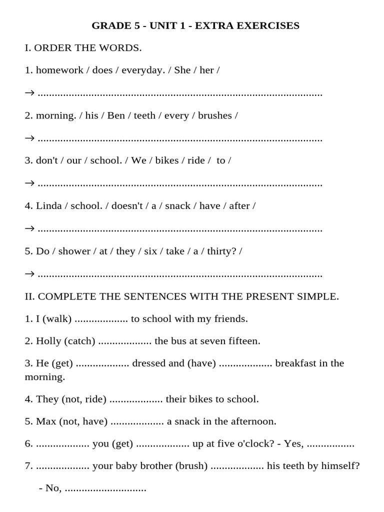 GRADE 5 - Unit 1 - Extra Exercises | PDF