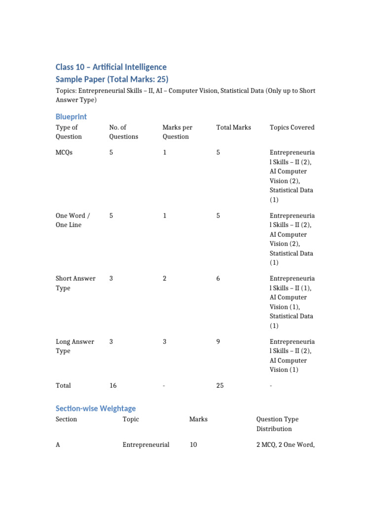 Class 10 AI Sample Paper Blueprint | PDF | Artificial Intelligence ...