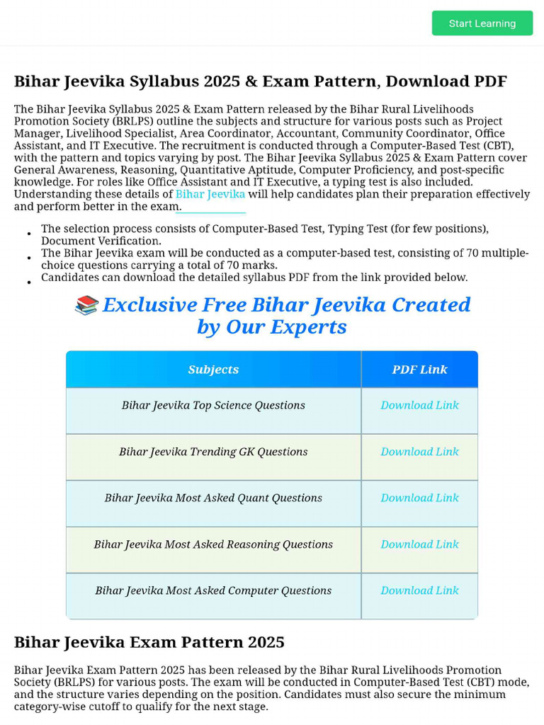 Bihar Jeevika Syllabus 2025 & Exam Pattern, Download PDF | PDF