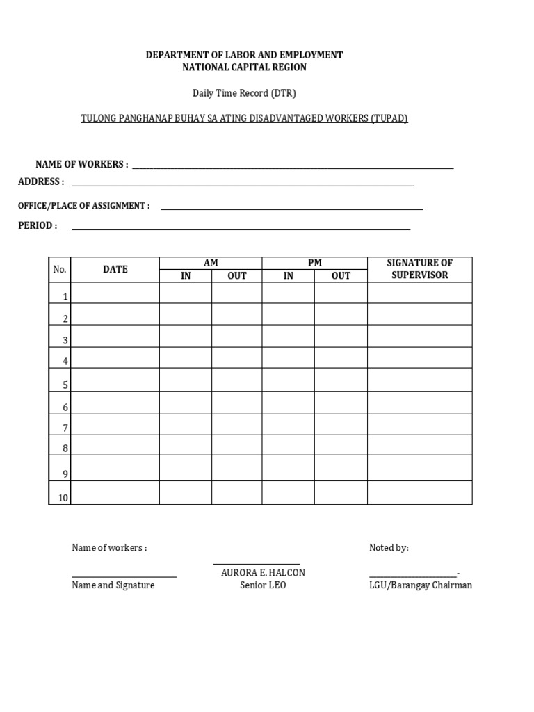 TUPAD Daily Time Record | PDF