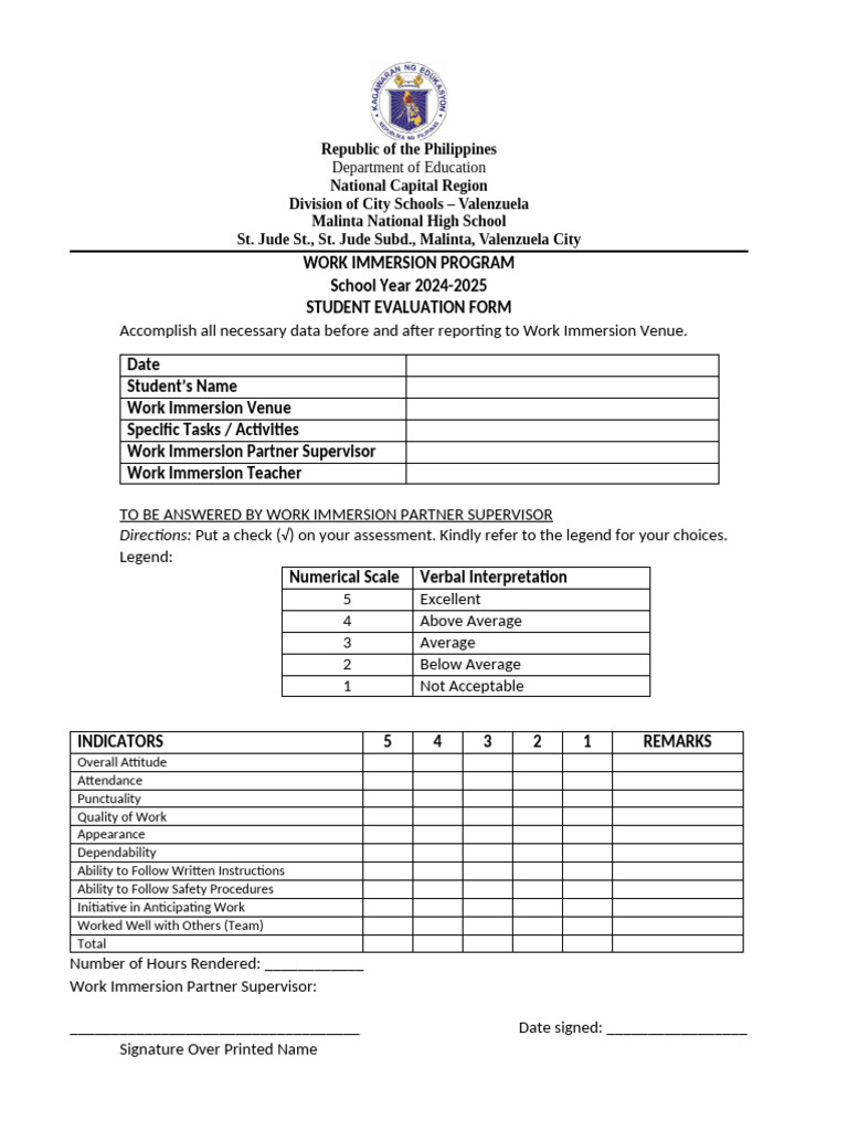 Student Evaluation Form 2024 2025 Pdf