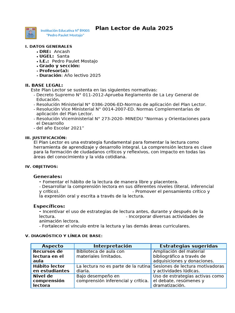 Plan Lector 2025 para Aula en Ancash | PDF | Comprensión lectora ...