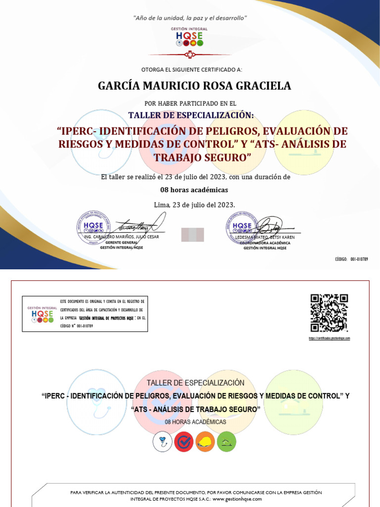 Certificado Taller IPERC y ATS 2023 | PDF