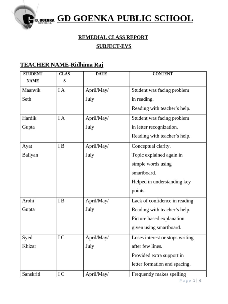 Remedial Class 1 Evs Report | PDF