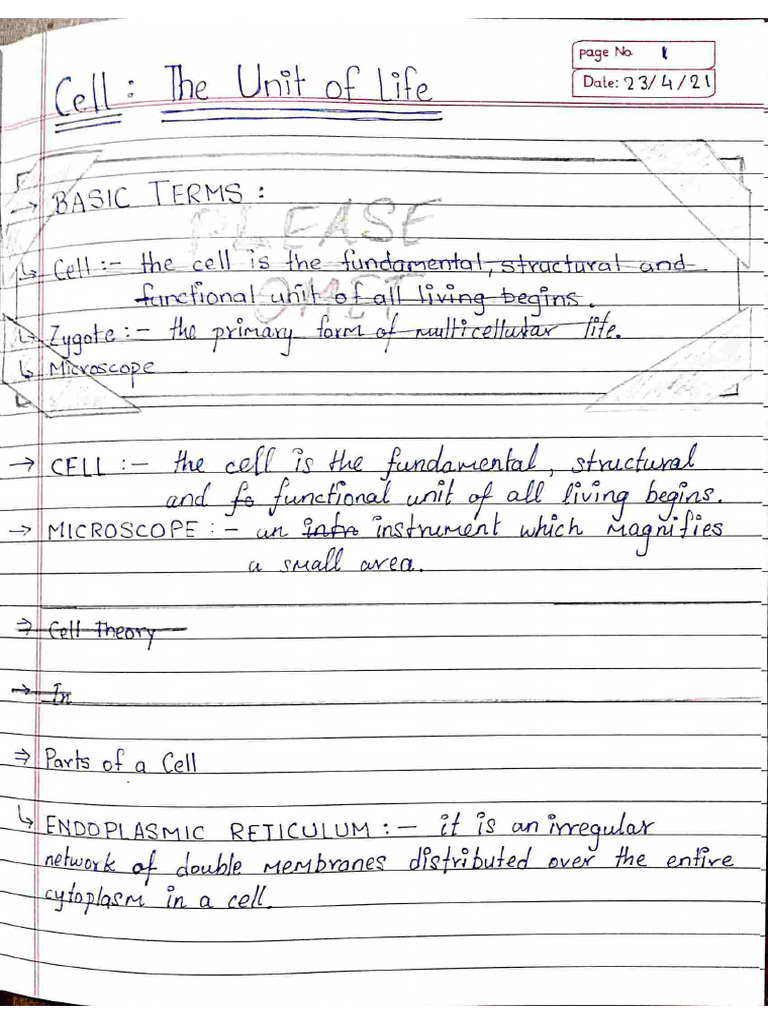 Biology - Chapter 1 - Cells - Notes | PDF