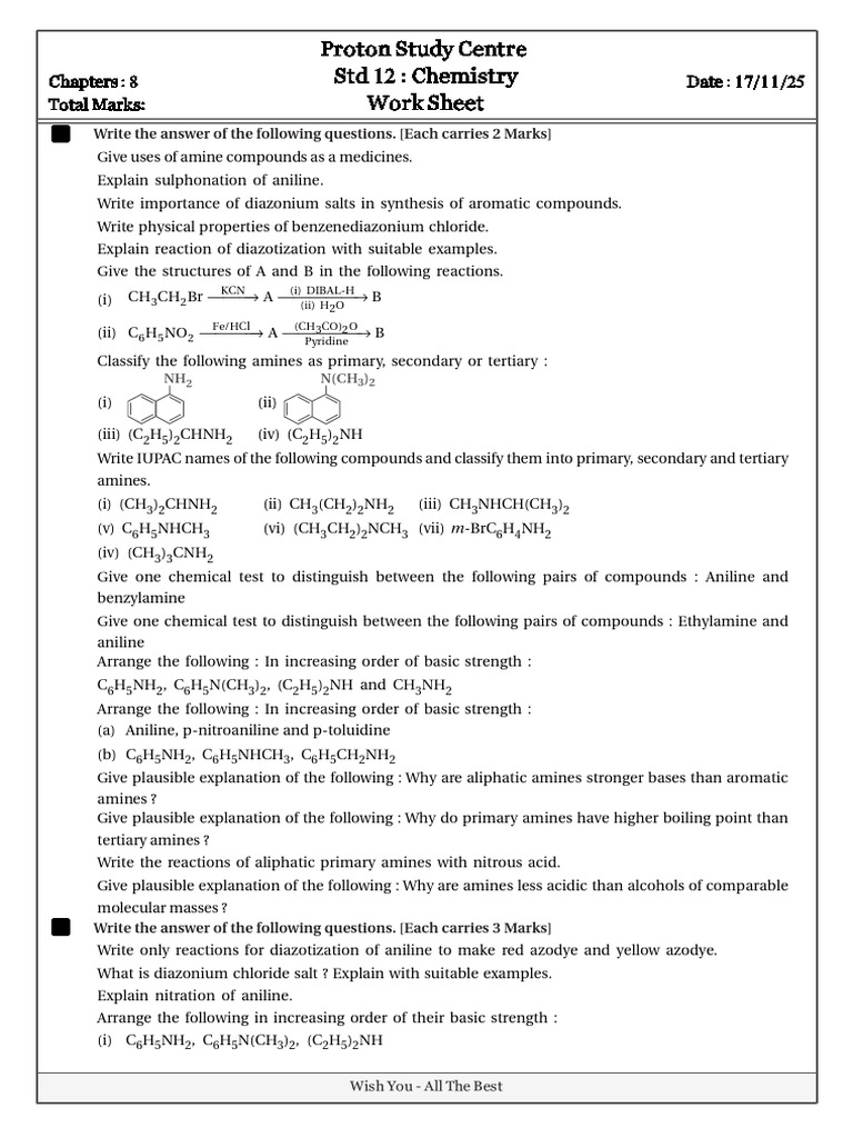 Std 12 Chemistry: Amines & Reactions Worksheet | PDF | Amine | Chemistry