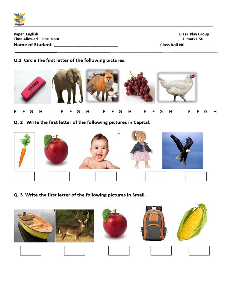 Play Group English Assessment Paper | PDF