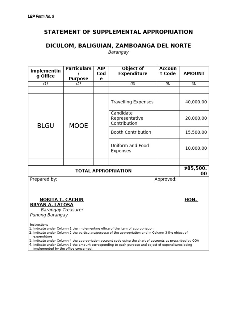 Statement of Supplemental Appropriation Diculom | PDF