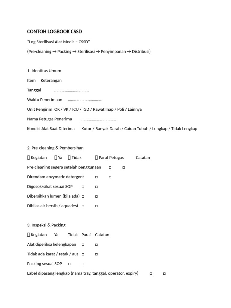 Logbook Sterilisasi Alat Medis CSSD | PDF