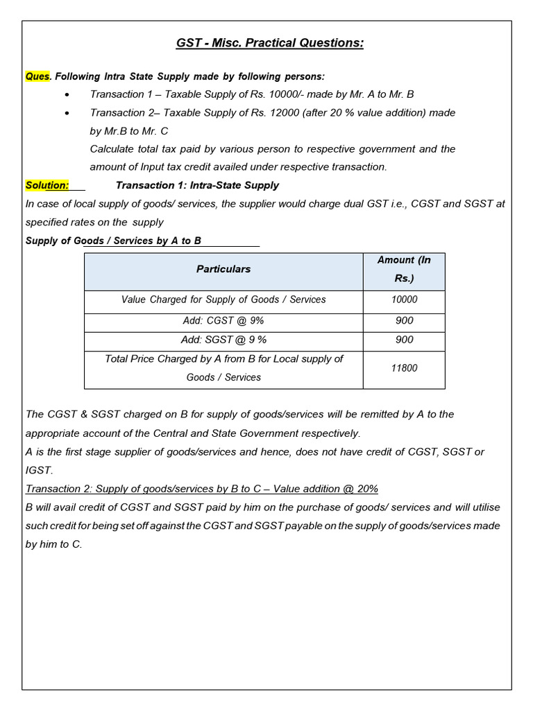 GST Practical Questions and Solutions | PDF | Taxes | Reserve Bank Of India