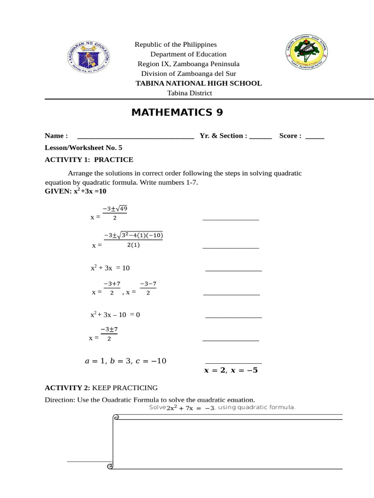 Quadratic Equations Practice Worksheet | PDF