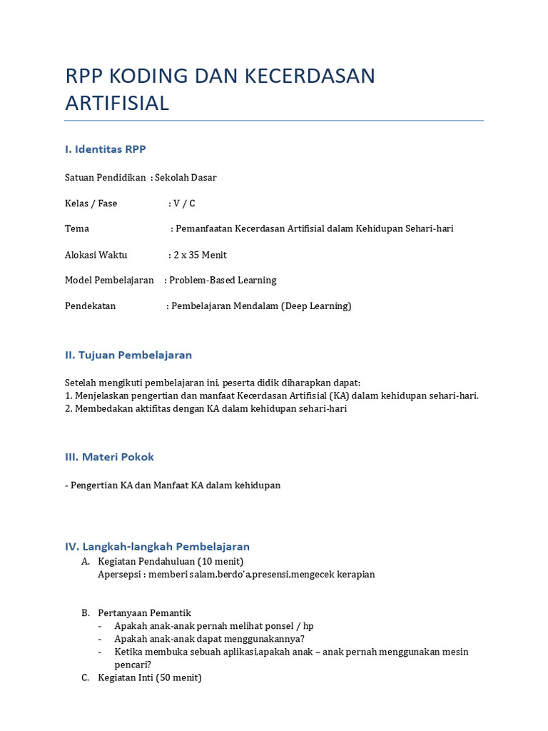 RPP Kecerdasan Artifisial untuk SD Kelas V | PDF