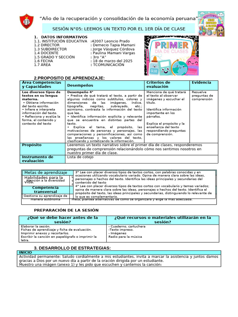 Sesión N°05 Comunicación Leen Mi Primer Dia de Clases 18 03 2025 | PDF ...
