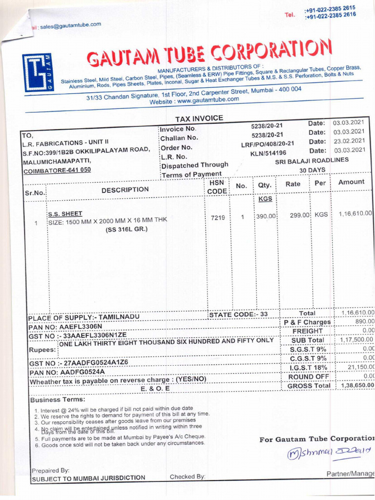 LR Fabrication Inv 5238 | PDF