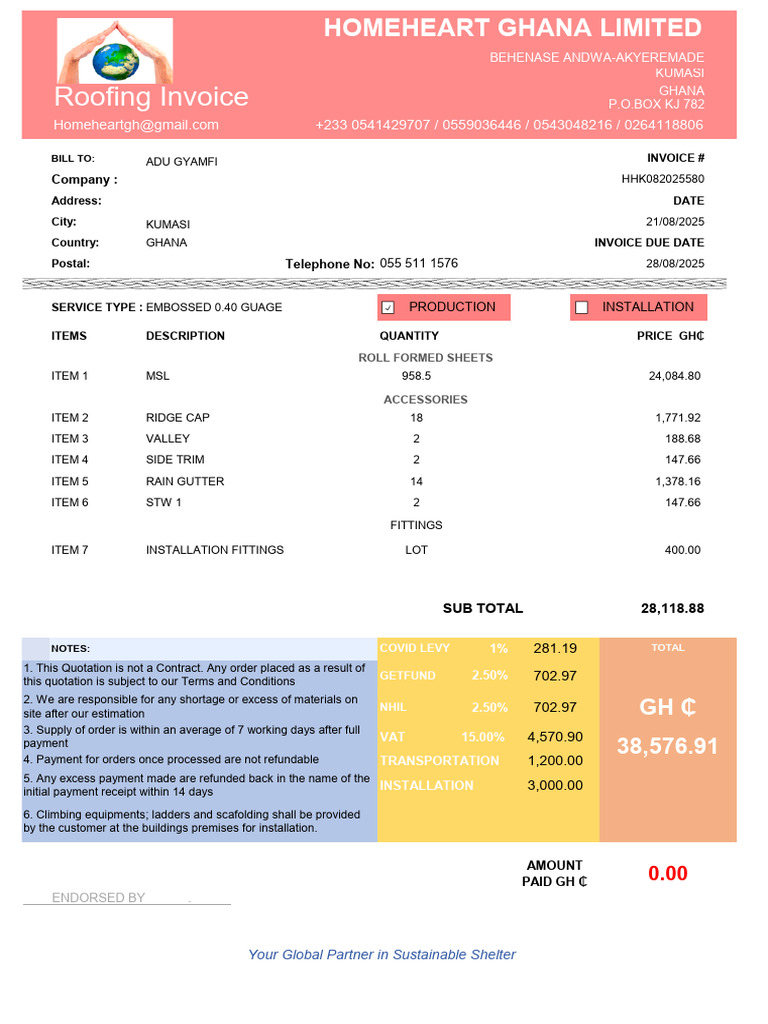 Roofing Invoice from Homeheart Ghana | PDF | Invoice